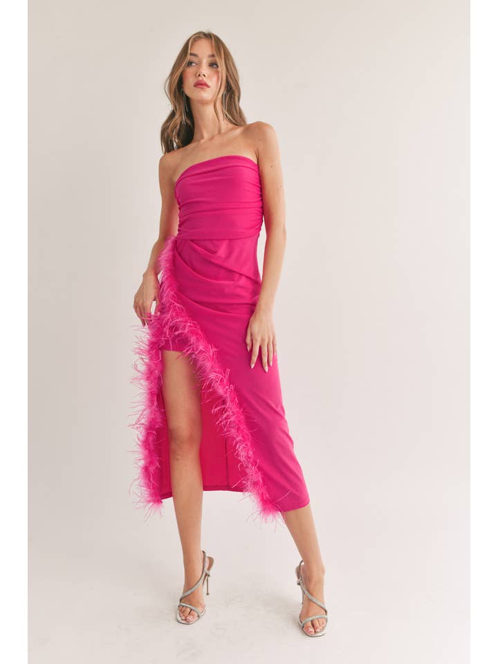 Klesis - Wholesale Dress – Women's - ID7128 FEATHER DETAILED SIDE SLIT TUBE MIDI DRESS1