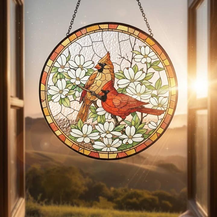 Attrape-soleil en vitrail d'oiseau cardinal, art de la perte d'un père pour la vente par Glaizyo