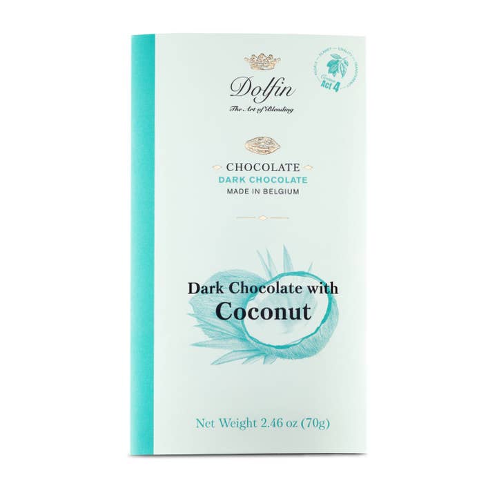 Dolfin Dark Bar w/ Coconut 2.47 oz. for wholesale by Belgium's Chocolate Source