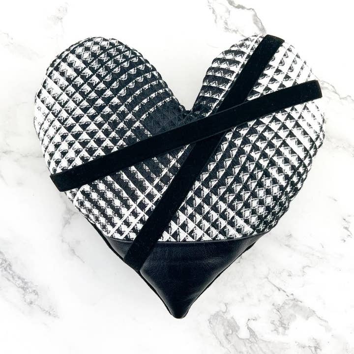 Black and White Plaid Heart Pillow with Leather Panel for wholesale by Sumie Tachibana