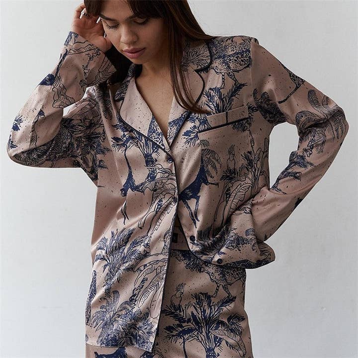PRINTING Long Sleeve Satin Two-Piece Pajama Set with Lapel Collar and Single-Breasted Blouse for wholesale on Faire3