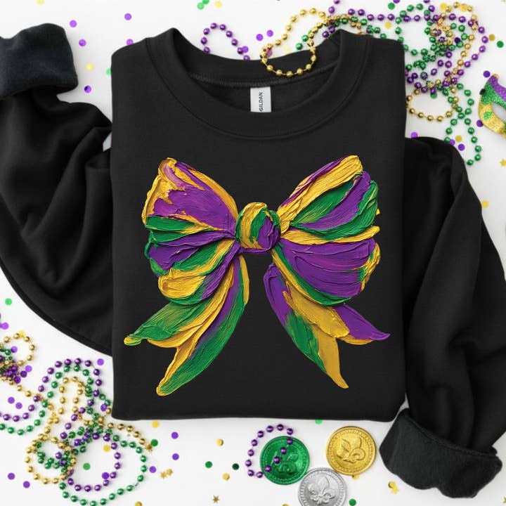 Faux Painted Mardi Gras Bow DTF Heat Transfer for wholesale by Trendy Transfers
