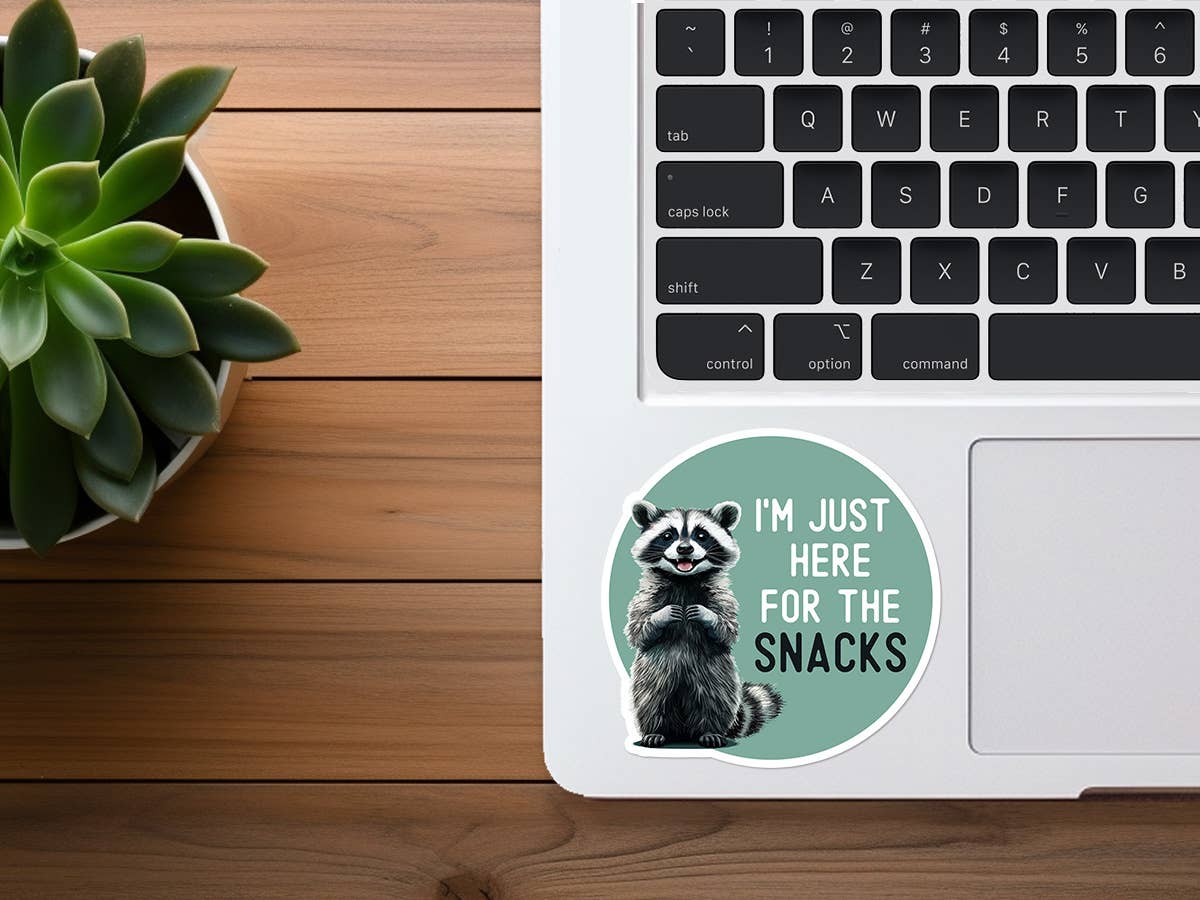 Missional Merch - Wholesale Sticker - I'm Just Here For the Snacks | Funny Raccoon Sticker1
