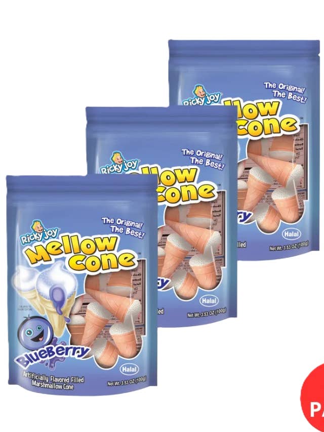 Ricky Joy Mellow Cone – Centre Myrtille (Lot de 3) | Friandises en Cornet de Glace à la Guimauve pour la vente par Fiesta Snacks
