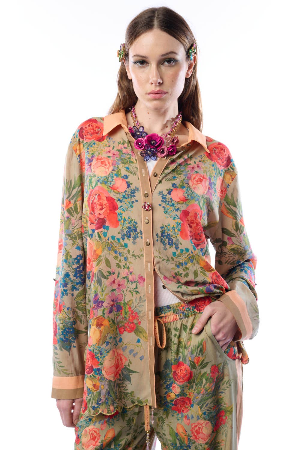 Vintage-Smaragd Roma-Hemd | Florales Button-Down-Hemd | Pailletten-Mesh-Detail für den Großhandel auf Faire0