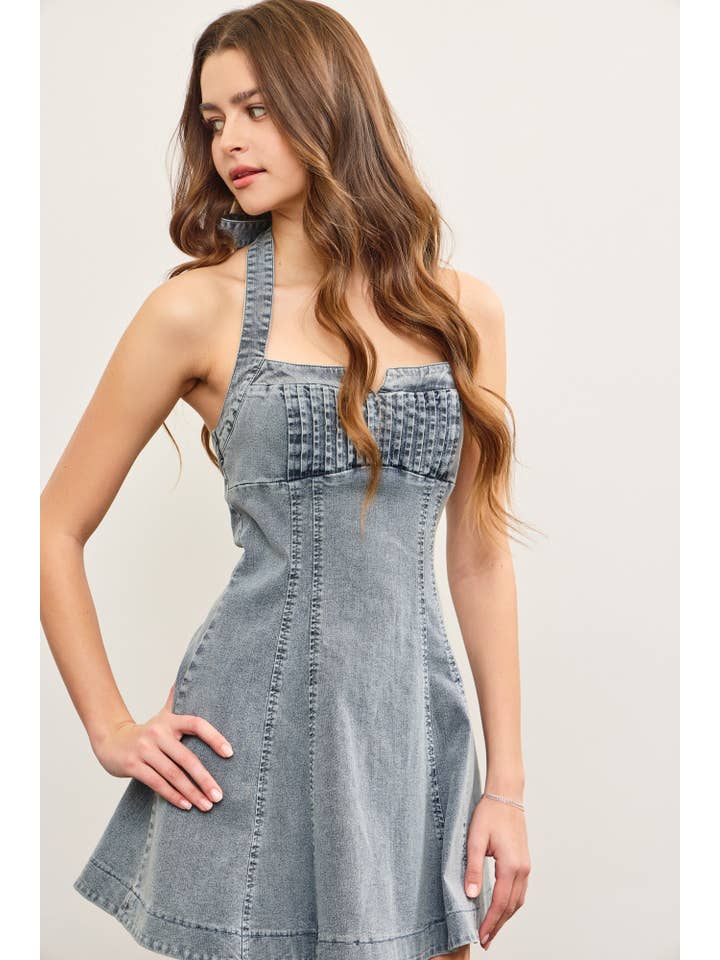 TIED HALTER NECK FLARE DENIM DRESS for wholesale on Faire