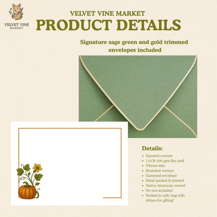 Pumpkin Stationery Set 5x7 Flat Cards Ready to Personalize for wholesale by Velvet Vine Market