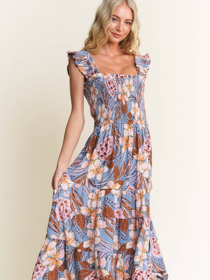 Callie Smocked Floral Midi Dress for wholesale by In The Beginning