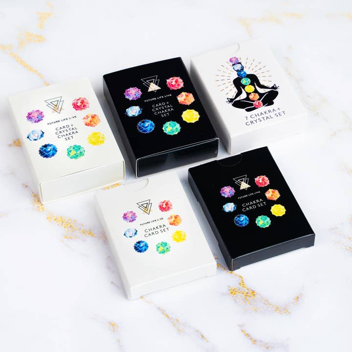 Chakra Card Set With 8 Cards and 7 Crystal Set White Box for wholesale on Faire23