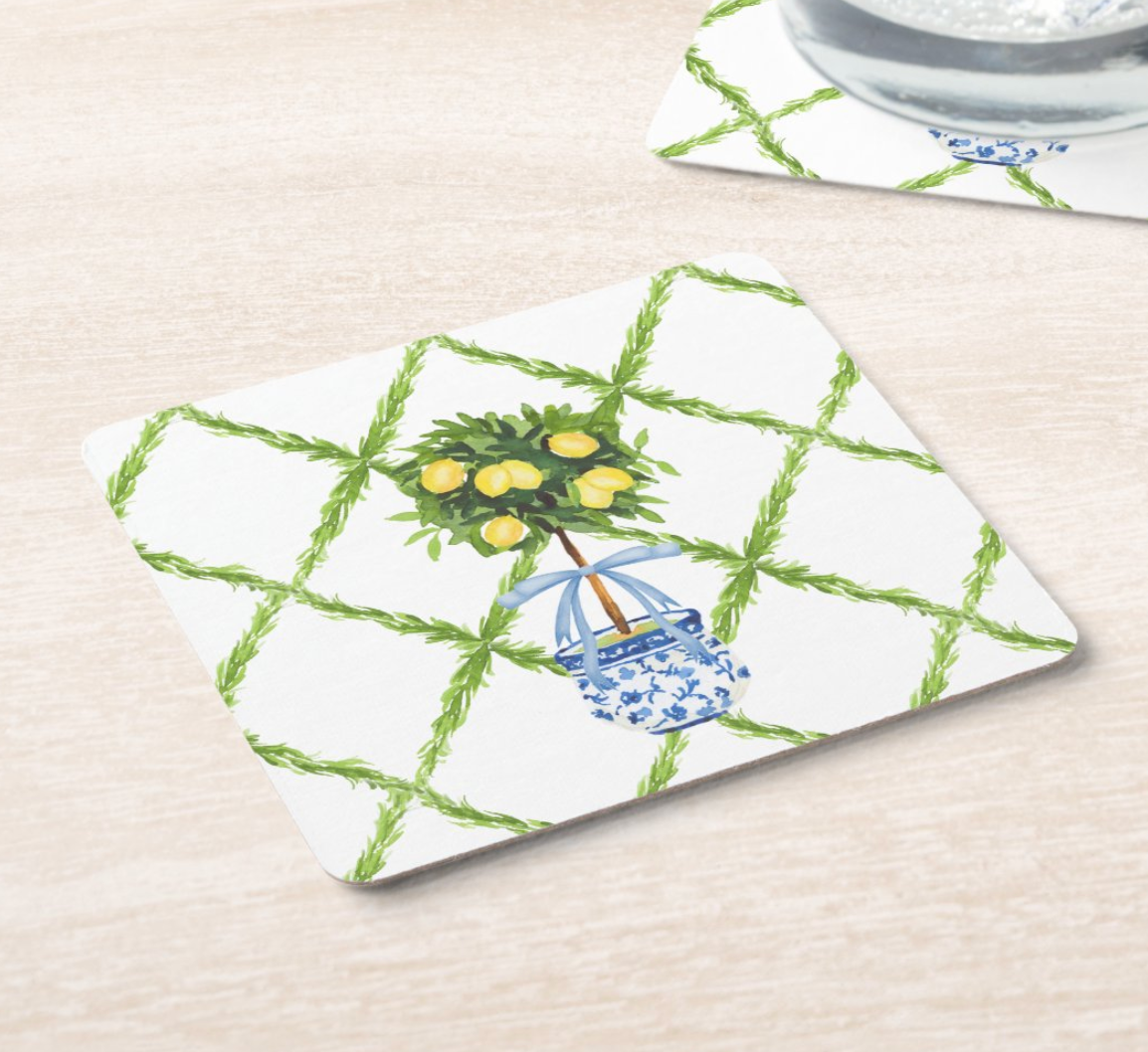 Design Carolinas - Vente Sous-verre jetable - Ensemble de 8 dessous de verre en papier Chinoiserie Citron Topiaire3