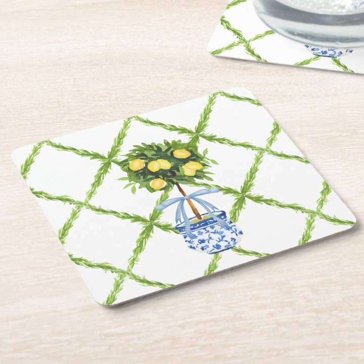 Design Carolinas - Wholesale Disposable Coasters - Chinoiserie Lemon Topiary Tree Paper Coaster Set of 83