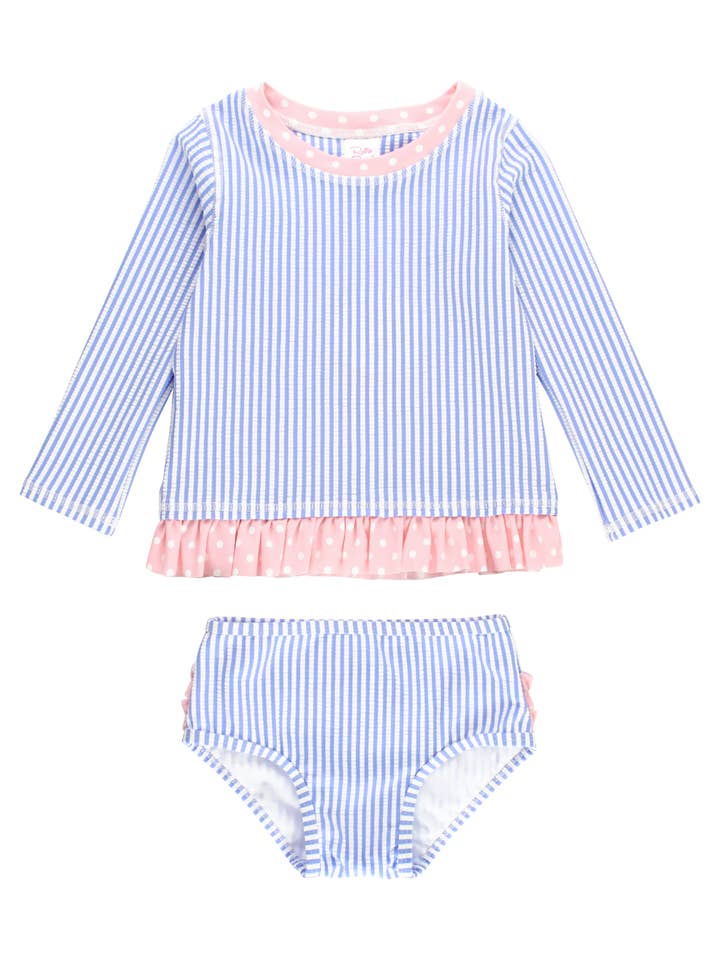 RuffleButts + RuggedButts - Wholesale Rashguard Set - Kids - Girls Periwinkle Blue Seersucker Long Sleeve Rash Guard 2-Piece Swimsuit with Signature Rear Ruffles