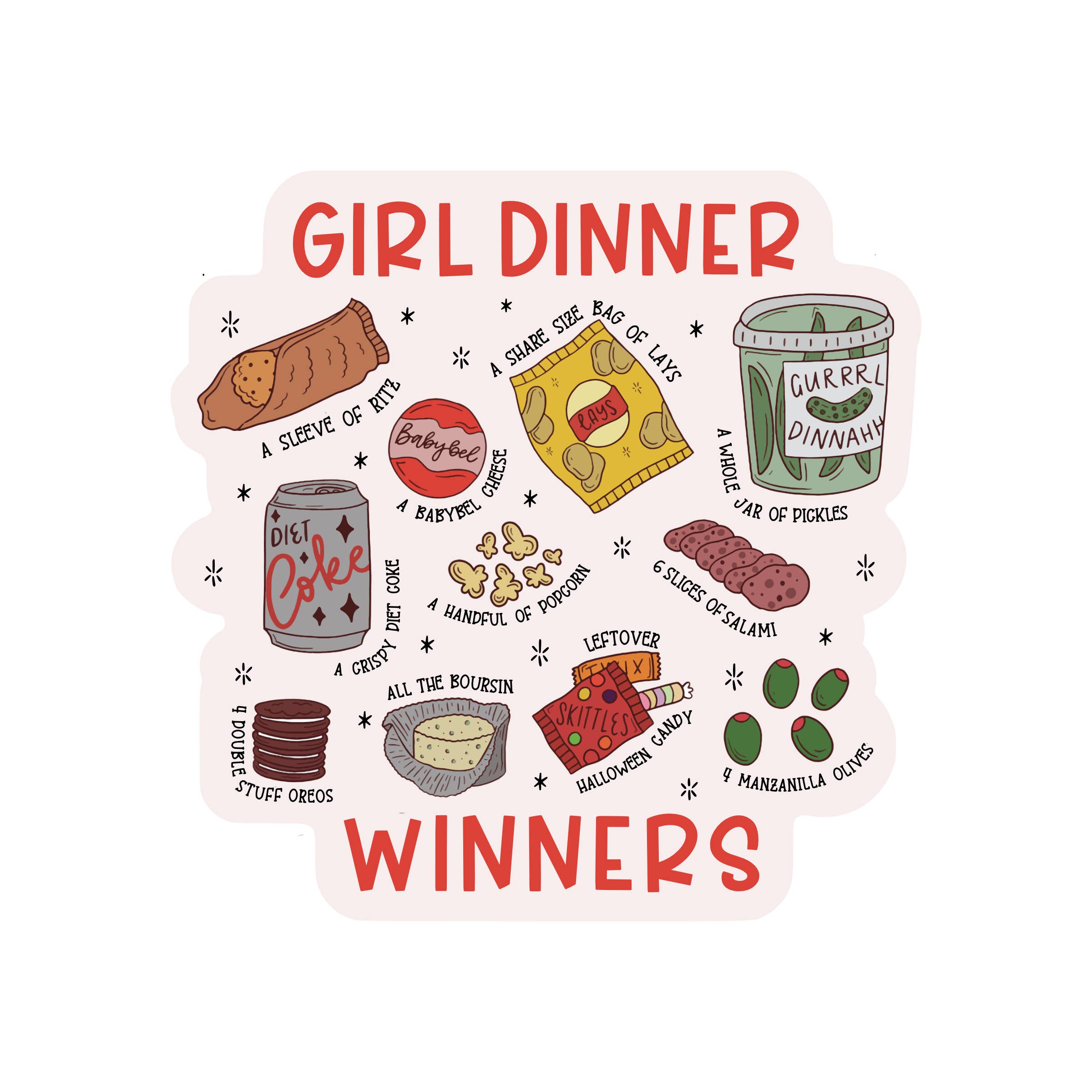 Juju and Moxie - Wholesale Sticker - Funny Girl Dinner Olives Candy High Quality Vinyl Sticker