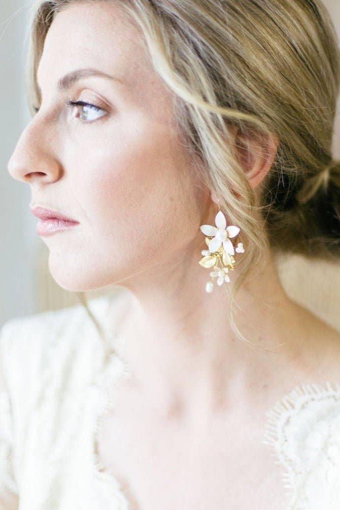 Miss Foxine Couture - Wholesale Dangle Earrings - Evanthe Floral Bridal Earrings with Freshwater Pearls and Enamel5