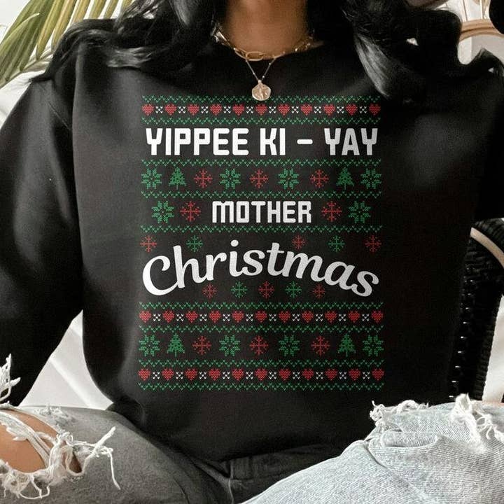 PositiveParty - Wholesale Graphic Sweatshirt - Women's - Ugly Christmas Sweater Yippee Ki Yay Crewneck Pullover3