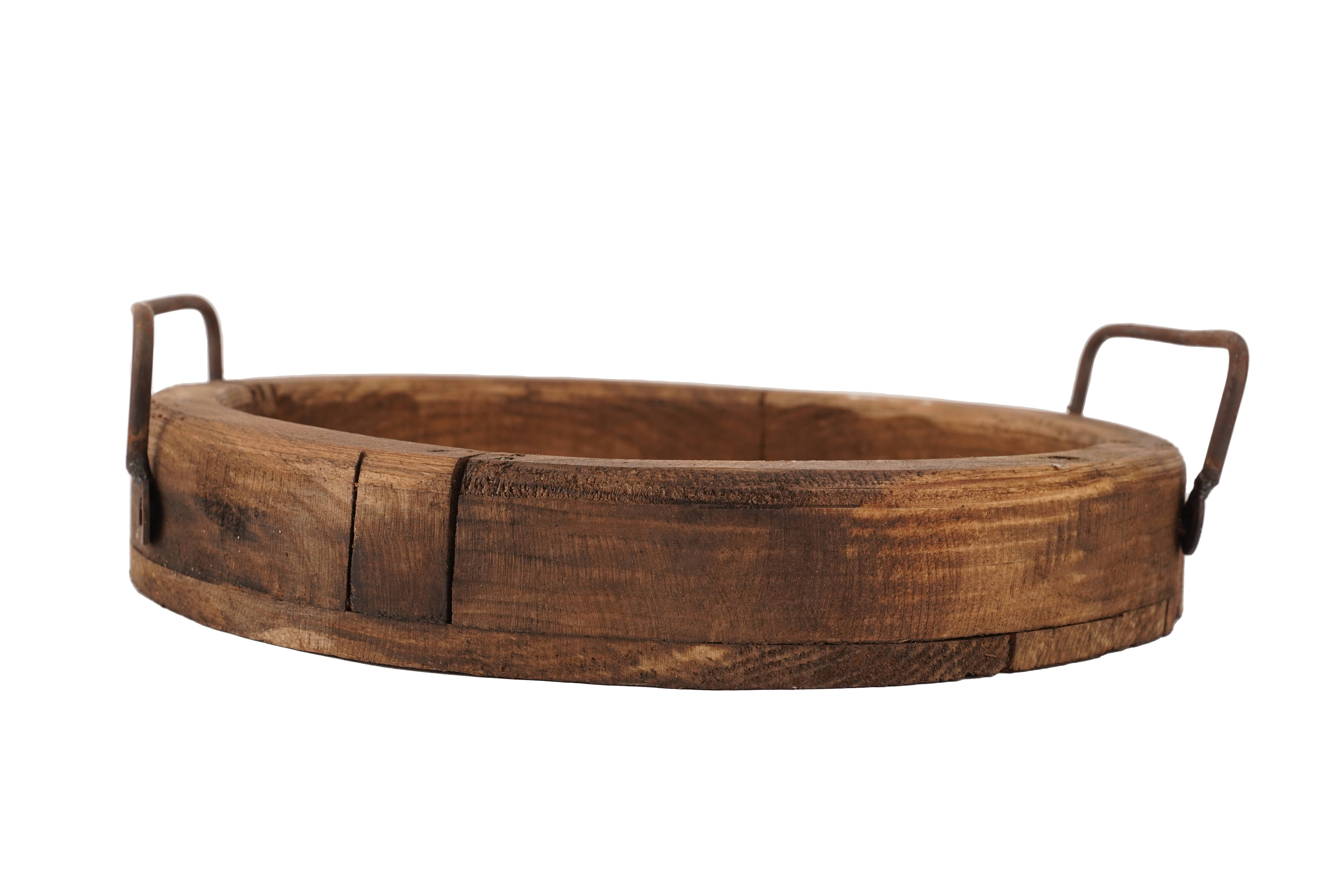 My Amigos Imports - Wholesale Decorative Tray - Round Farmhouse-Reclaimed Wood Tray With Handles-12 in-Waxed1