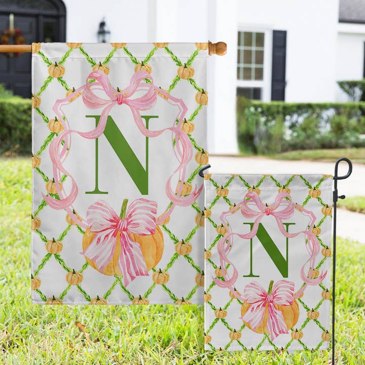 Personalized Monogram Initial Flag, Pink Bows, Pumpkins for wholesale by Boutique Monogram
