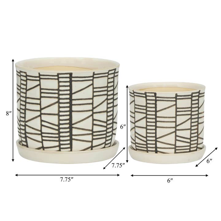 Sagebrook Home - Wholesale Plant Pot - Planters Set of 2 - Beige Ceramic Geometric Saucer, 6/8 in.3