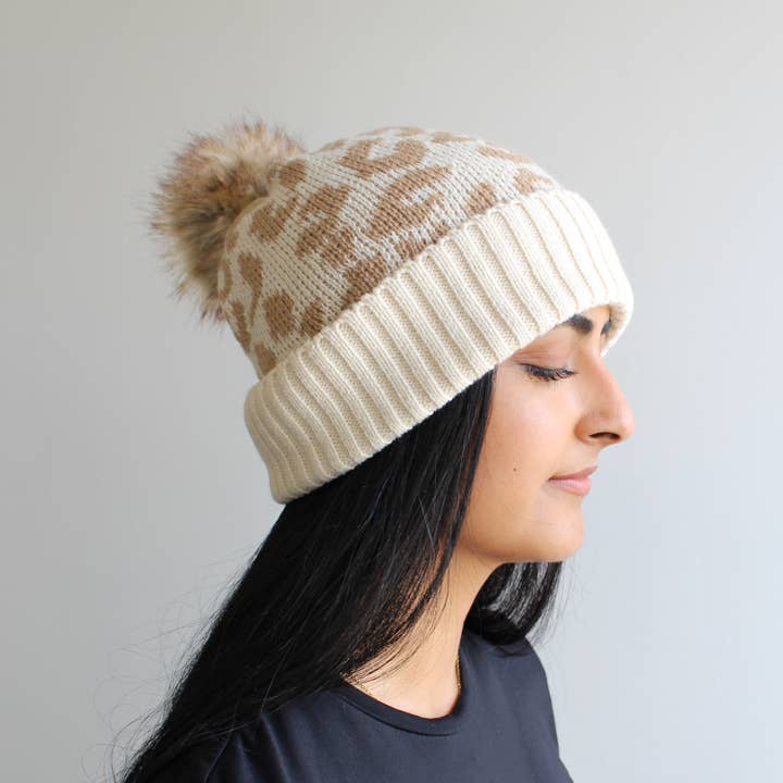Leopard Print Winter Hat w/ Pom Pom | Cream for wholesale by La-a SOLE