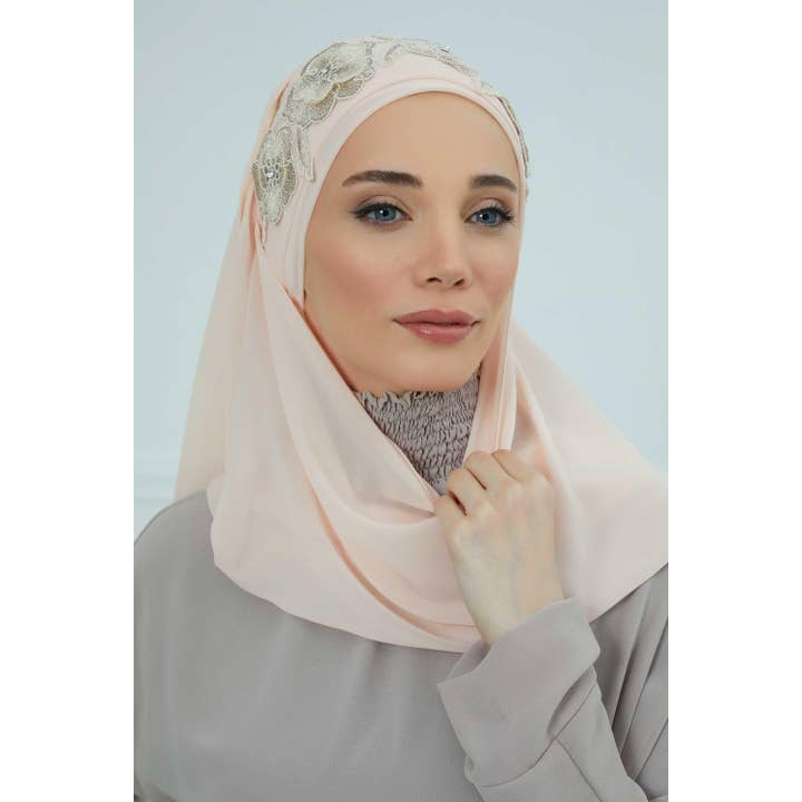 Aisha's Design - Wholesale Hijab – Women’s - Luxury Instant Chiffon Hijab with Floral Lace, Ready-to-Wear Chiffon Hijab with Embroidered Flowers,CPS-10148