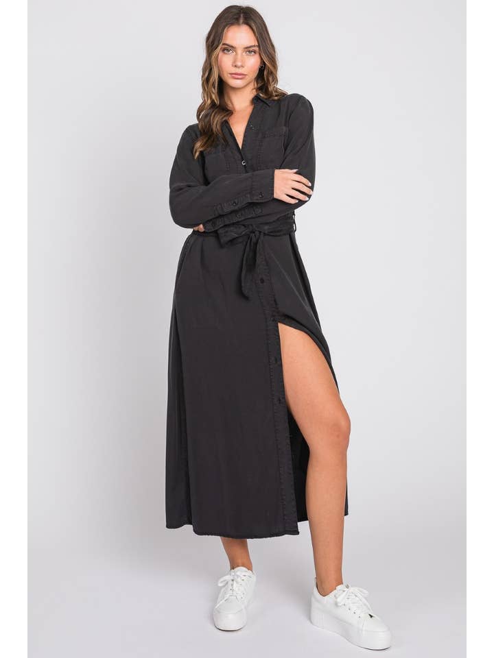 BLACK Denim Midi Shirt Dress-Black for wholesale on Faire