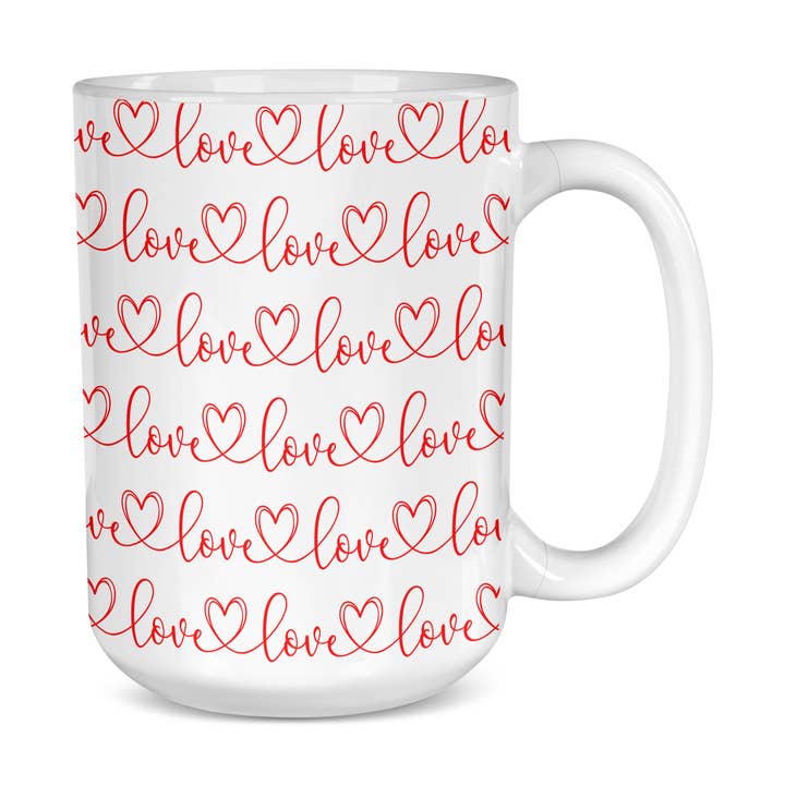 Love Script Pattern Mug - 15 oz. Heart Love White Mug for wholesale by Creative Inspiration Design