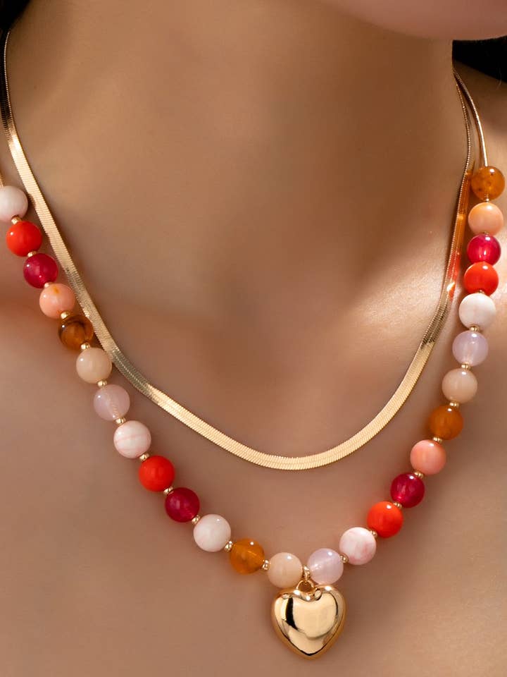 Multi Layered Beaded Heart Charm Necklace | 80N92705 for wholesale by JOSSLYN by wall to wall