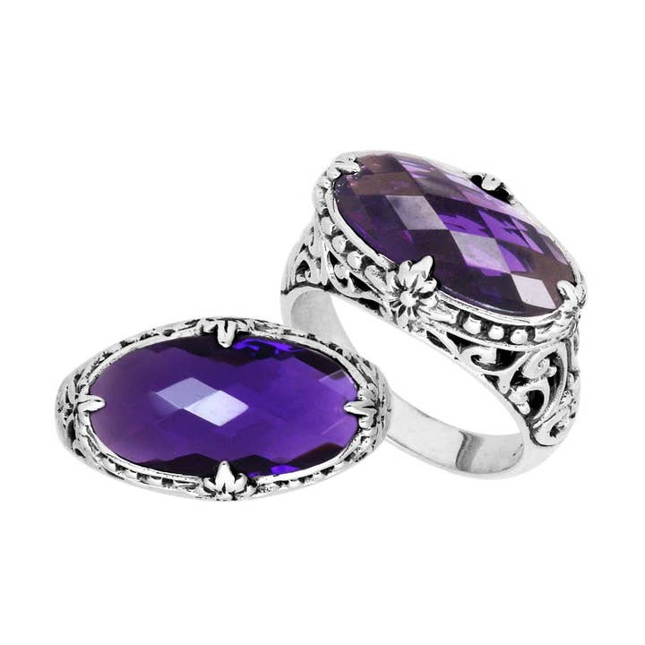 AR-6164-AM Sterling Silver Oval Faceted Amethyst Quartz Ring – Handcrafted in Bali for wholesale by Bali Designs