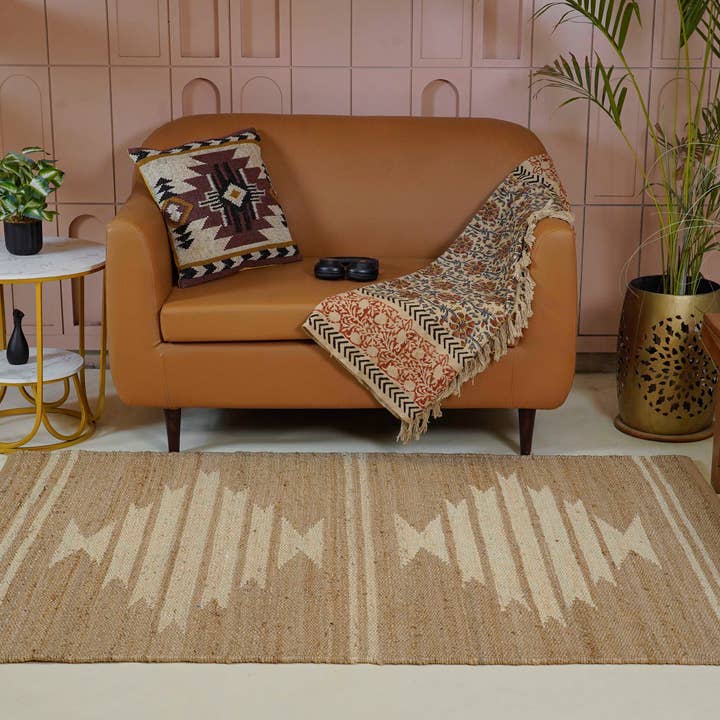 Beige Kleur Hennep Jute Tapijt Met Off-White Design Decor Tapijt voor wholesale door Chouhan Rugs