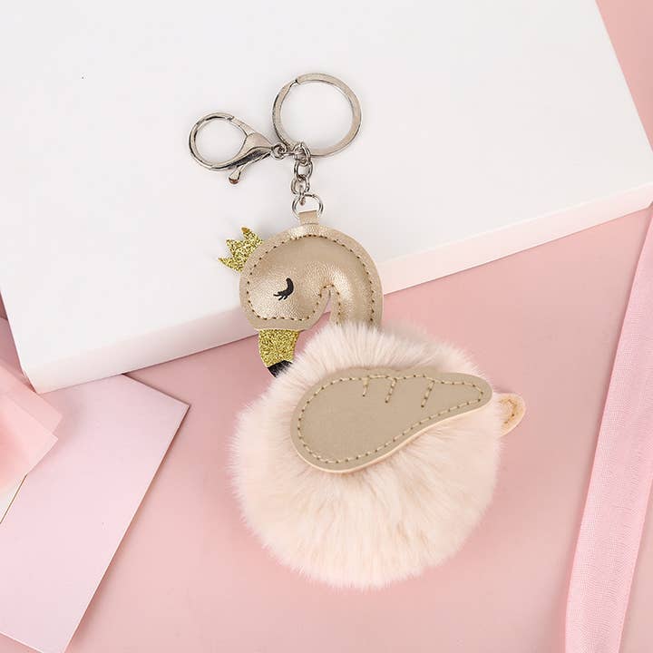 Ornaments-Crown Swan Flamingo pompon keyring keychain charm for wholesale by Eagle Crest Industries Inc.
