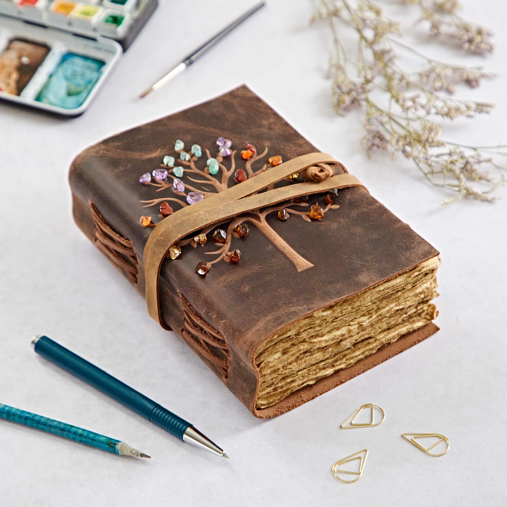 The Paper High Gift Company Limited - Vente Journal intime - Journal en cuir de buffle « Arbre de Vie » avec pierres semi-précieuses1