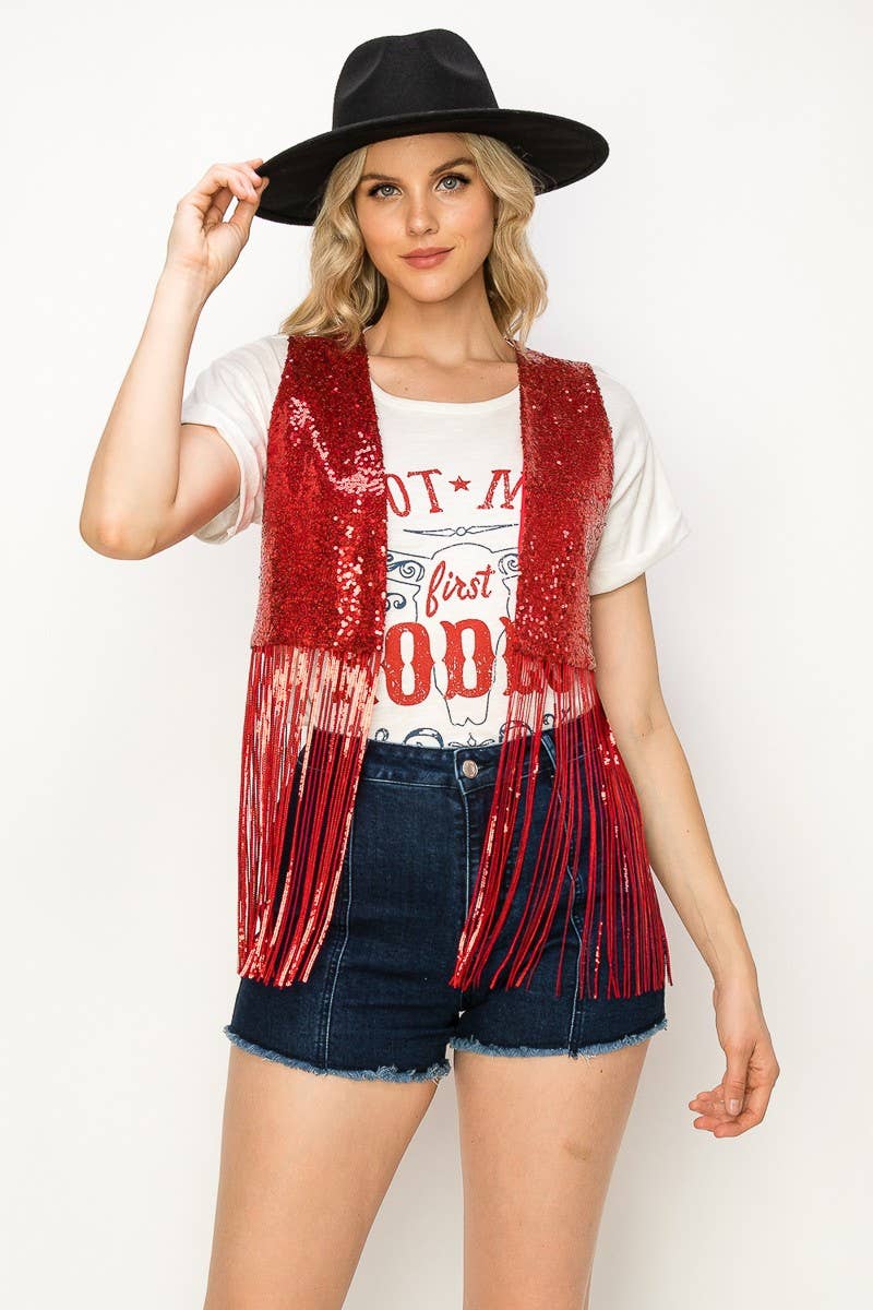 WISTERIA LANE - Wholesale Outerwear Vest - Women's - BOHO WESTERN SEQUIN FRINGED VEST - GOLD7