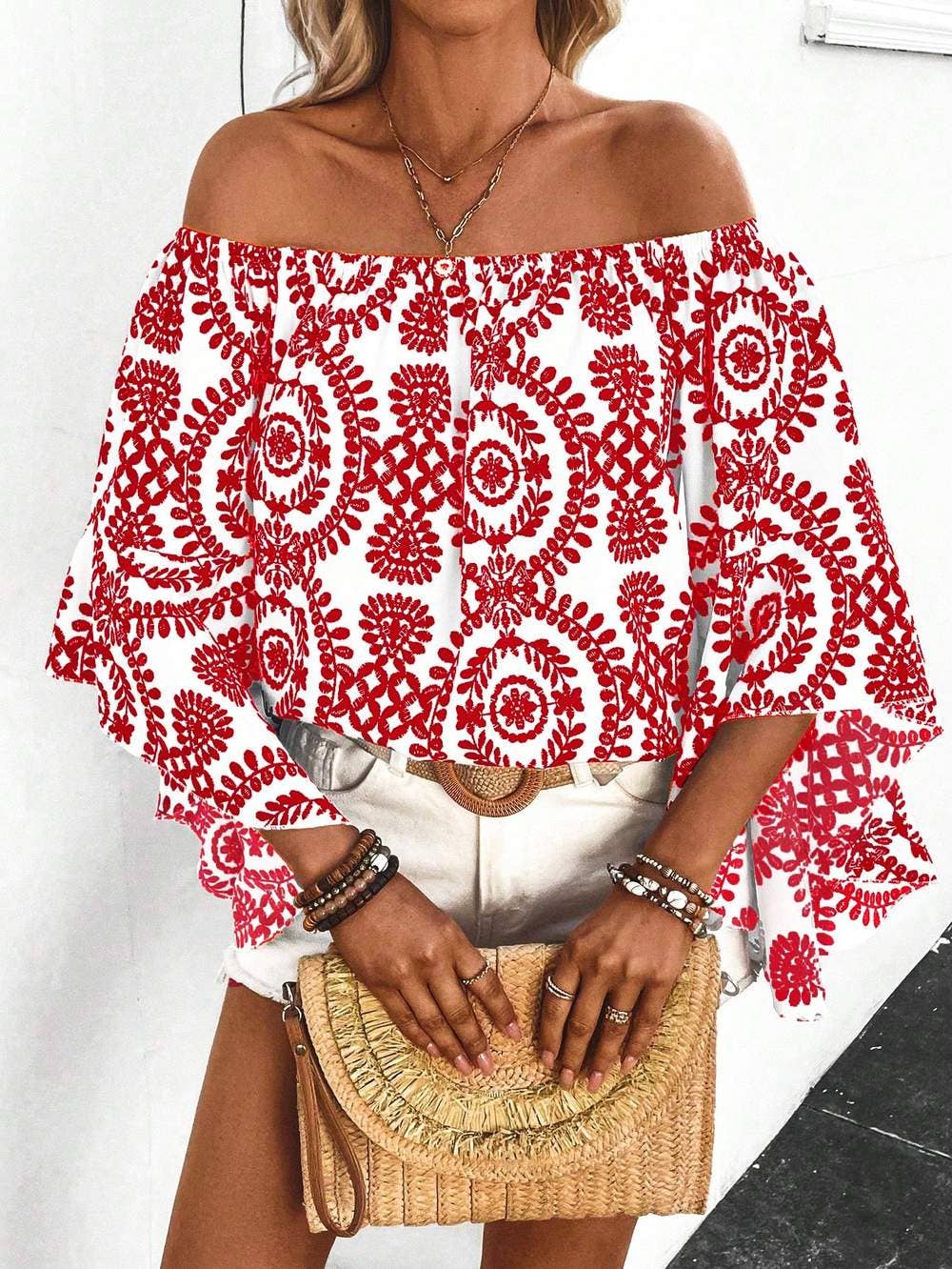 Queen Fashion – wholesale Blouse – Women’s – shoulder blouse with plant print and flare sleeves10