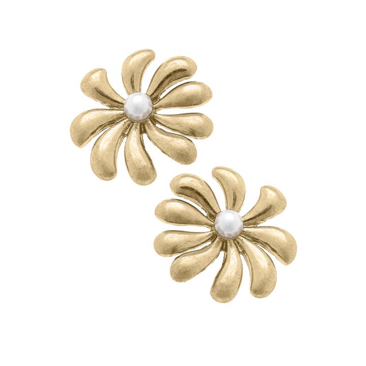Canvas Style - Wholesale Stud/Post Earrings - Lulu Pearl Flower Stud Earrings in Shiny Gold