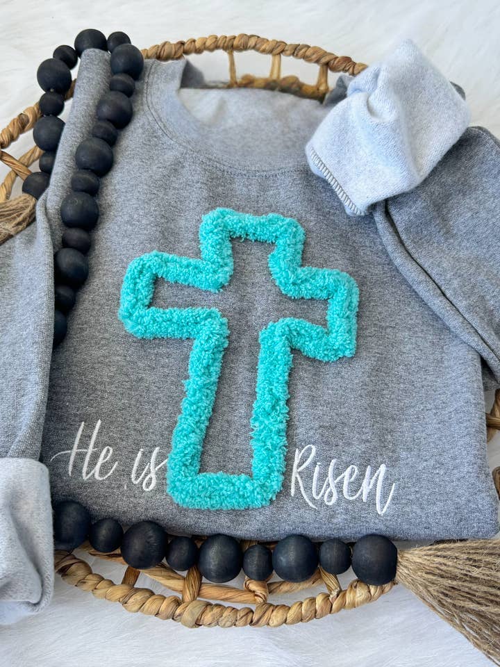 He Is Risen Chenille Yarn, Easter Sweatshirt for wholesale by HarperNThreadCo