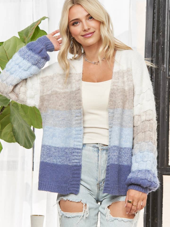 CESW3948-COLORBLOCK BUBBLE-SLEEVE CARDIGAN for wholesale by ADORA LA