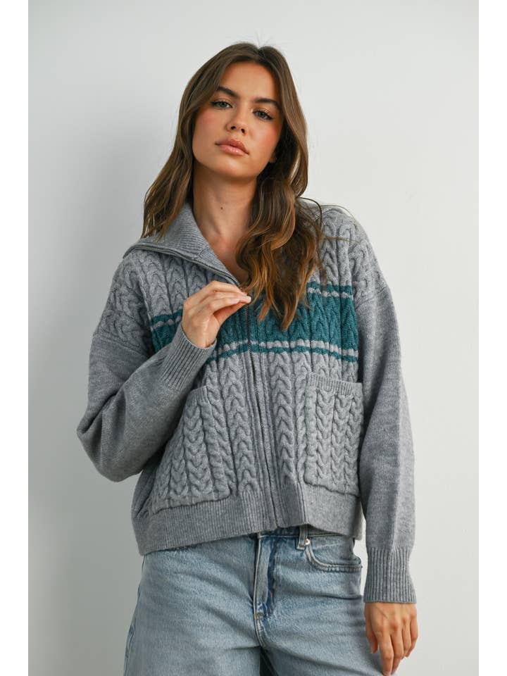 BUTTERMELON - Wholesale Cardigan - Women's - Zip-Front Collared Striped Knit Long Sleeve Top - BMC78878