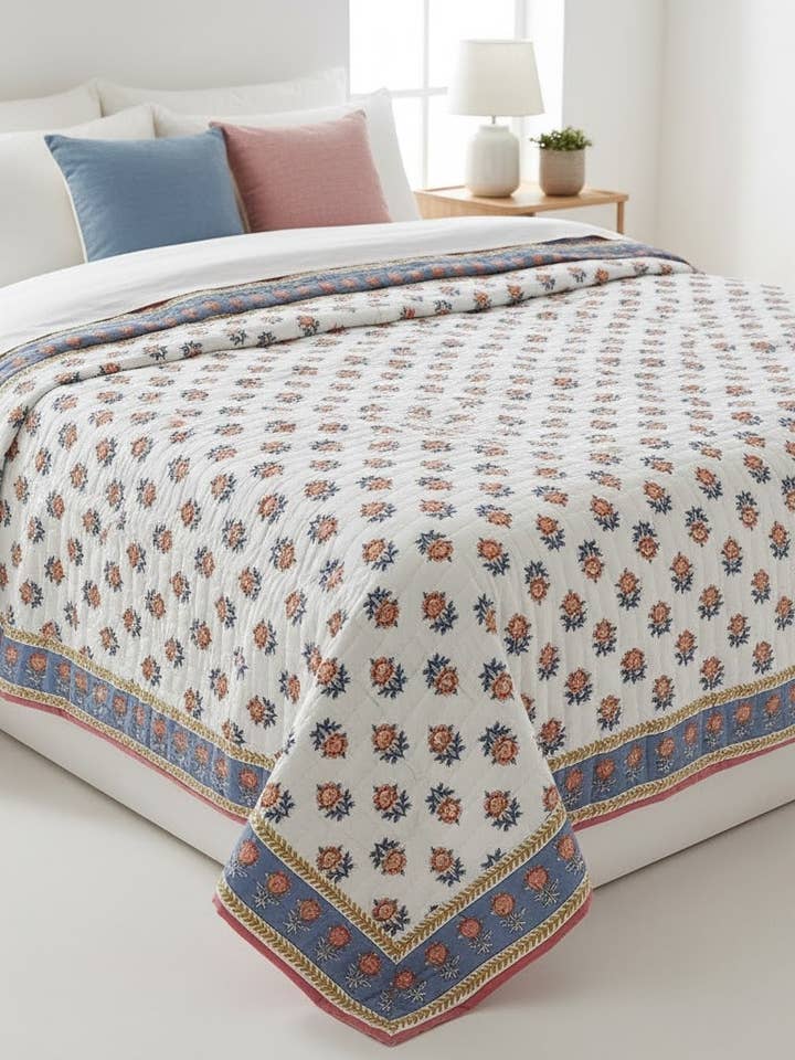 Couvre-lit en coton biologique Symphony fabriqué à la main à Jaipur pour la vente par Akshu & Ameirah