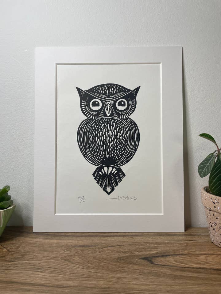Owl linocut print for wholesale by Jackdaw and Bear