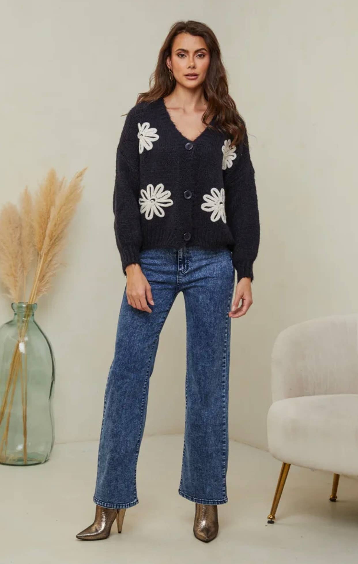 LÉA & LUC - Vente Cardigan – femme - Gilet cardigan col en V et motif fleur REF. 3077926