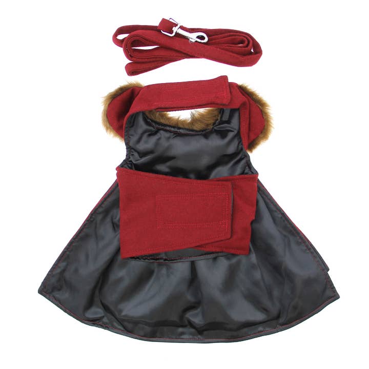 Doggie Design - Wholesale Pet Coat - Dog - Wool Fur-Trimmed Dog Harness Coat - Burgundy