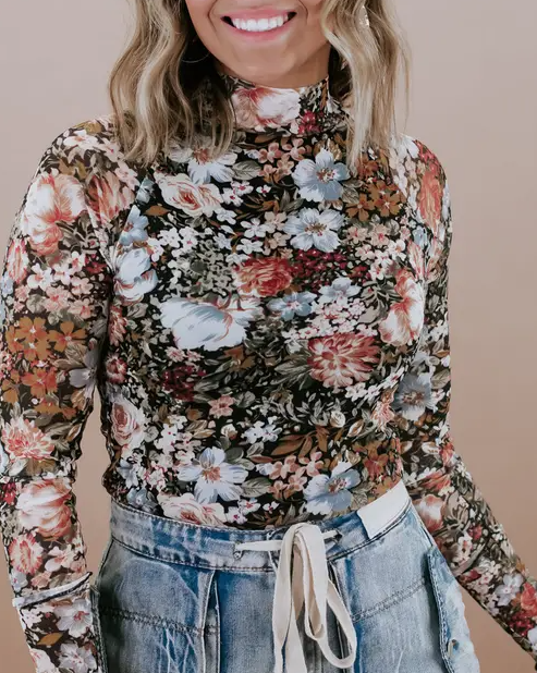 Lovesoft - Vendita all'ingrosso Top in maglia - Donna - Camicetta in rete tubino a maniche lunghe a collo alto con motivo floreale rosa8