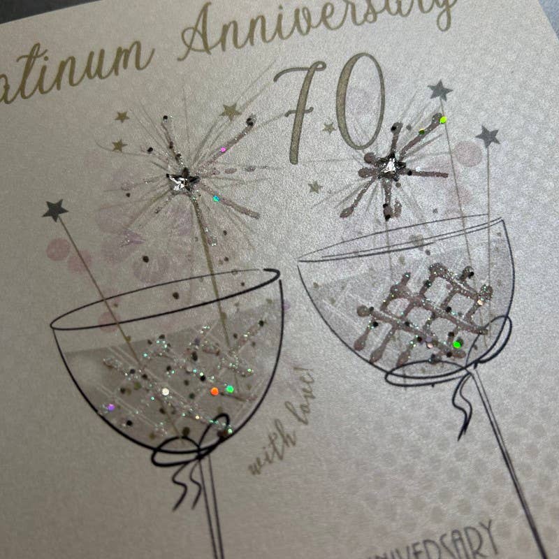 White Cotton Cards - Wholesale Anniversary Card - 70 Platinum - 2 Sparkler Coupe Glasses (BD170)1