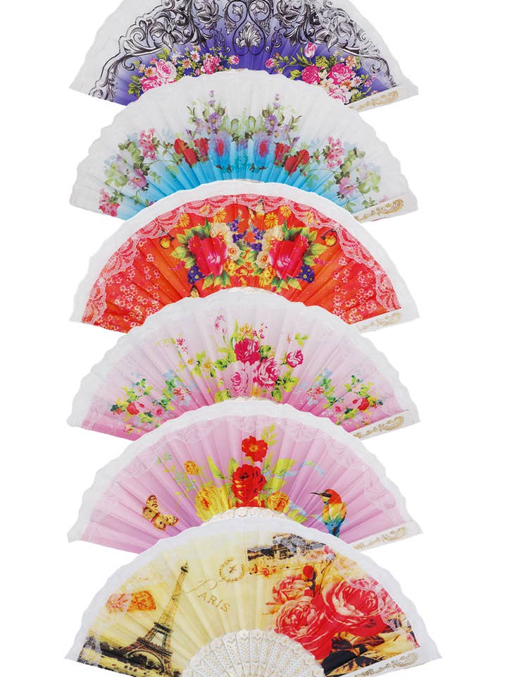 Floral Print White Lace Trim Hand Held Fan for wholesale by Cap Zone