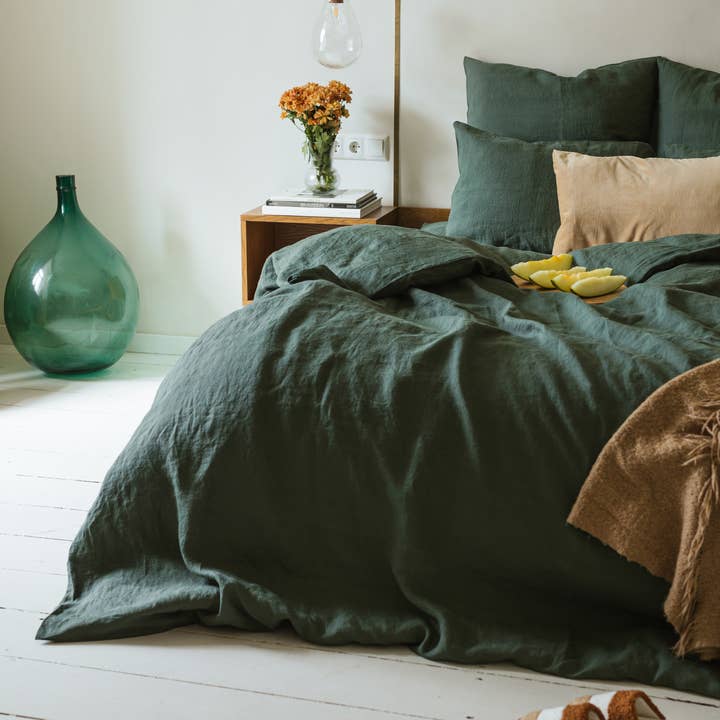 Linen Spells - Wholesale Bedding set - Linen Bedding Set In Forest Green (1 DC+2 Pillowcases)5
