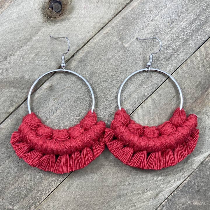 Large Round Fringe Earrings - Red & Silver for wholesale by HK Macrame Jewelry