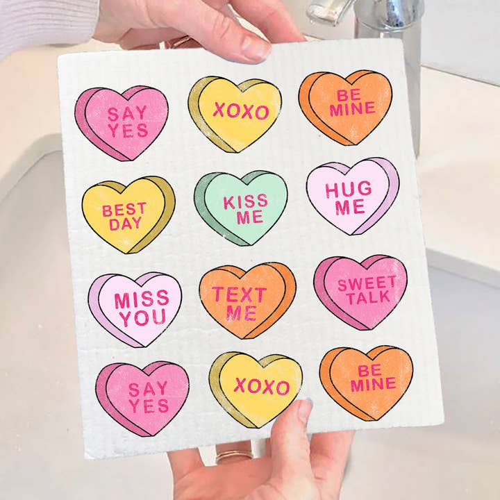 Candy Hearts Messages Valentine Swedish Dishcloth for wholesale by Avery Lane Gifts