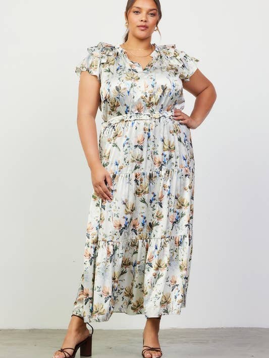 Plus Size Floral Print Ruffled Short Sleeve Long Dress for wholesale by SKIES ARE BLUE