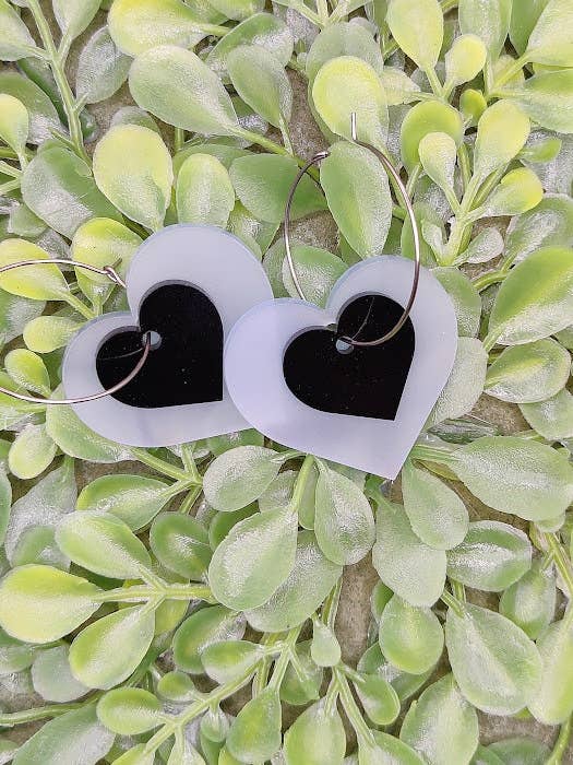 Two Tone Heart Hoop Earrings Acrylic Frosted White Black Steel Hoops Dangle for wholesale by Greyrose Co