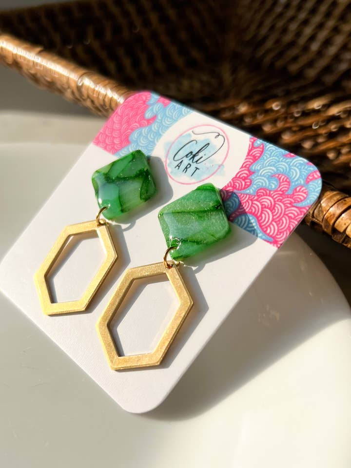Square Dangle Hexagon Jade Earrings | Handmade for wholesale by Coki Art